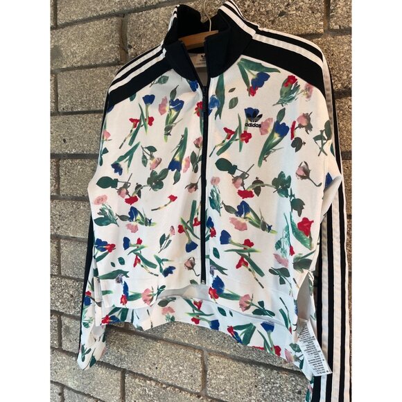 Adidas Womens Floral Print Track Jacket With Black Stripes & Full Zip Closure Si - Picture 2 of 8